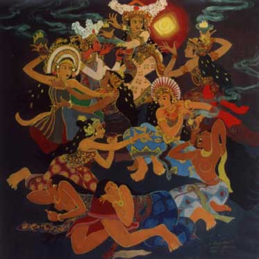 In another instance we are drawn to the work of I Nyoman Darsane, another popular Balinese Christian artist. Darsane began with a traditional orientation. However, he then began working in more modern styles. As this developed much was written about the presence of traditional elements in his art. Darsane's work came to be described as 'contemporary.' Darsane utilizes a principle of realism in his paintings to create mythological figures or wayang that are usually seen in the Hindu world. However, these mythological figures he makes as characters from stories whose inspiration and substance is taken from the Gospel. And so emerge symbolic realist paintings like Sang pembebas (The deliverer), Sepuluh Anak Dara (the ten virgins) or the narrative of Mary and Martha.