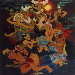 In another instance we are drawn to the work of I Nyoman Darsane, another popular Balinese Christian artist. Darsane began with a traditional orientation. However, he then began working in more modern styles. As this developed much was written about the presence of traditional elements in his art. Darsane's work came to be described as 'contemporary.' Darsane utilizes a principle of realism in his paintings to create mythological figures or wayang that are usually seen in the Hindu world. However, these mythological figures he makes as characters from stories whose inspiration and substance is taken from the Gospel. And so emerge symbolic realist paintings like Sang pembebas (The deliverer), Sepuluh Anak Dara (the ten virgins) or the narrative of Mary and Martha.